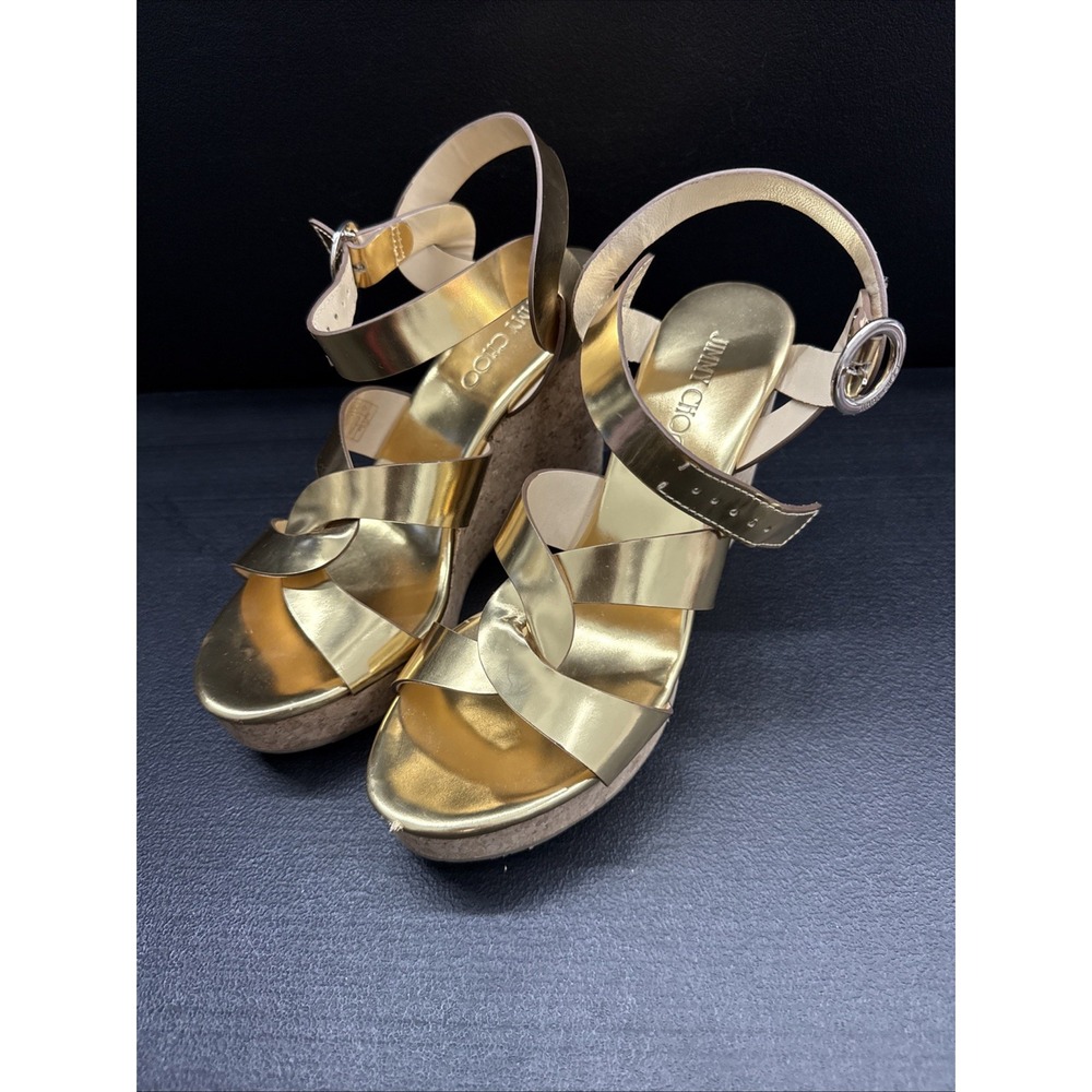 Jimmy Choo Gold Platform Heels Ankle Strap Leather Open Toe (SEE PICTURE )